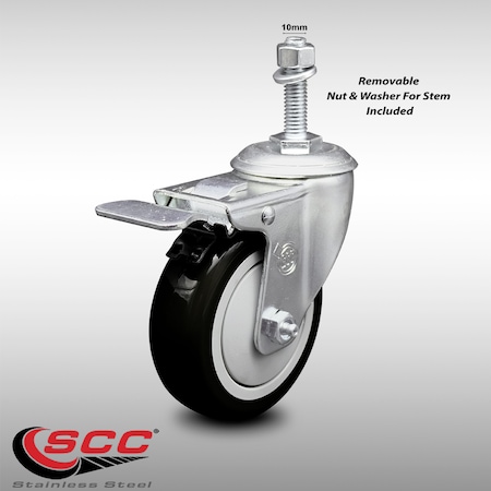 Service Caster 4 Inch SS Black Polyurethane 10mm Threaded Stem Caster with Total Lock Brake SCC-SSTSTTL20S414-PPUB-BLK-M1015